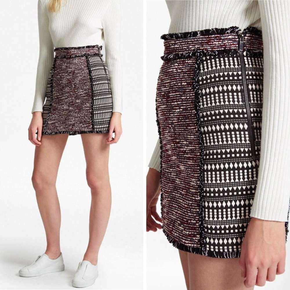 French Connection Pixel Mix Cotton Tweed Mini A Line Fringe Skirt